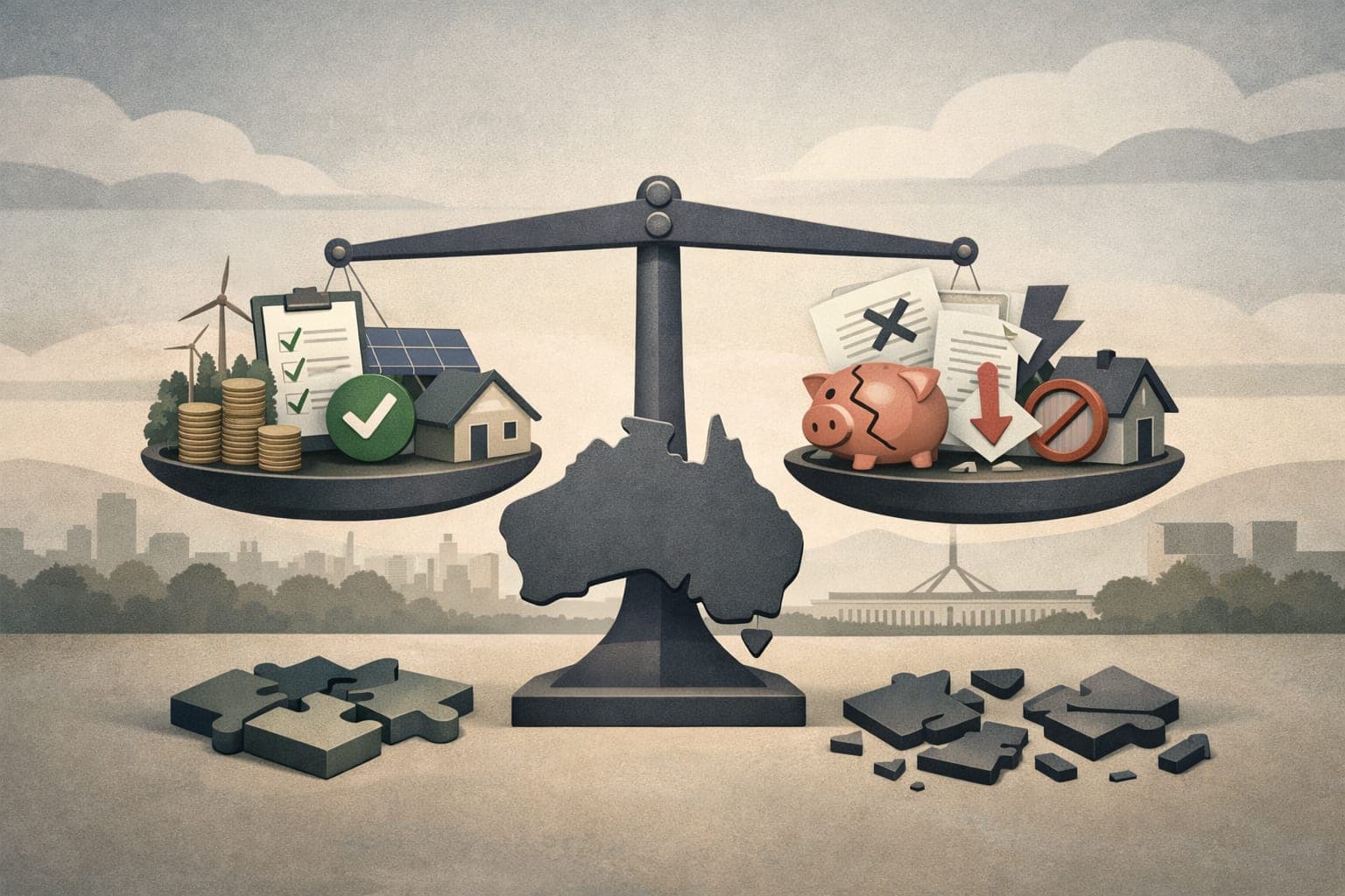Editorial illustration of balance scales weighing the Albanese government's kept promises against its broken ones, over a silhouette of Australia with Parliament House behind.