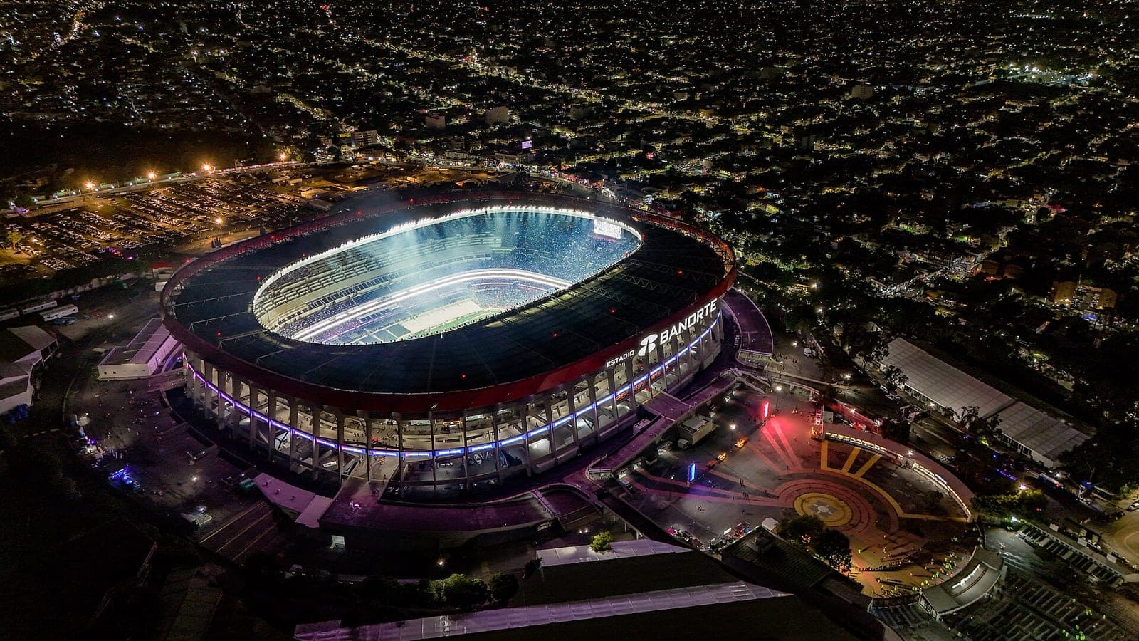 Aerial night view of Estadio Azteca in Mexico City, host of the 2026 World Cup opening match
