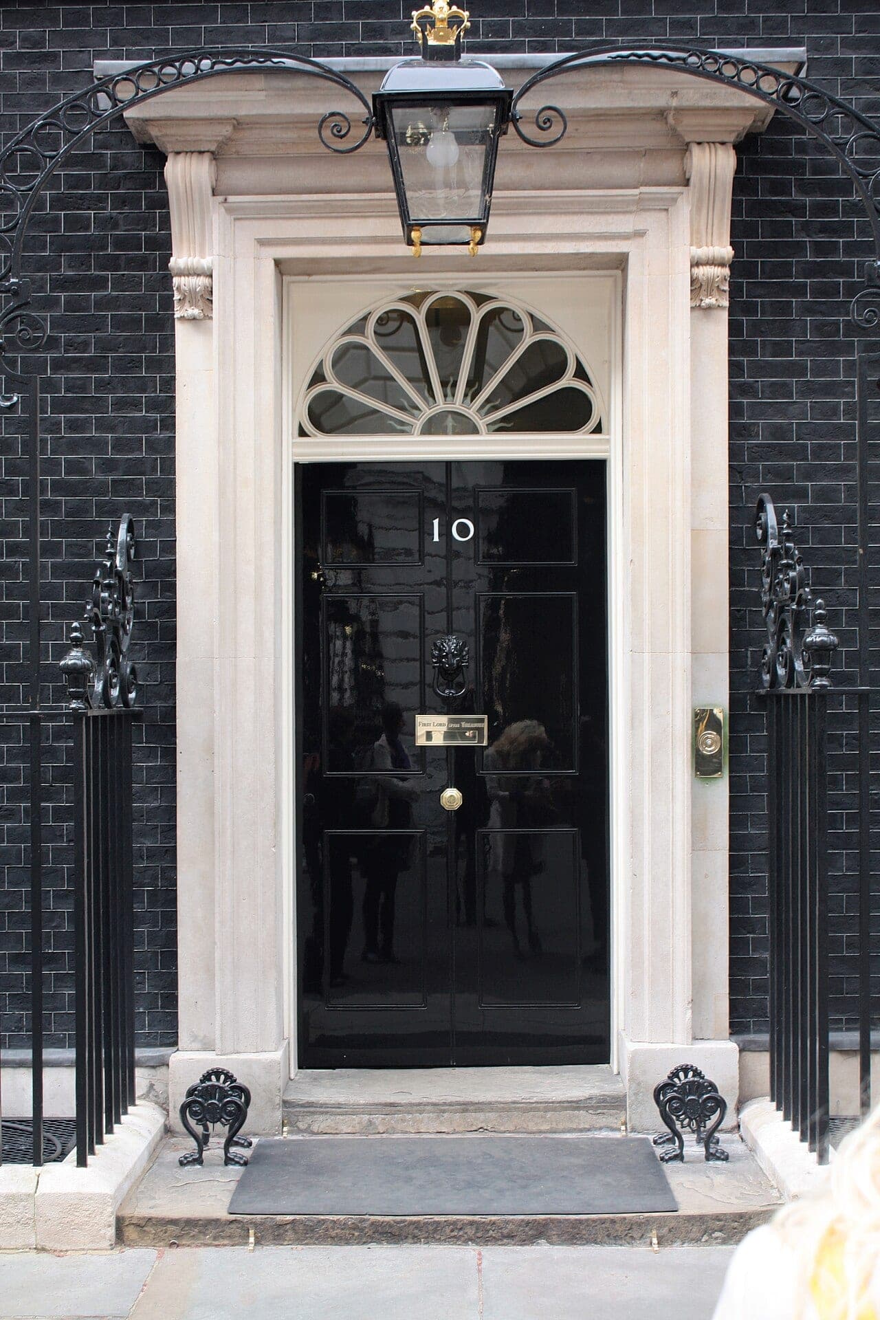 The famous black front door of 10 Downing Street, official residence of the UK prime minister