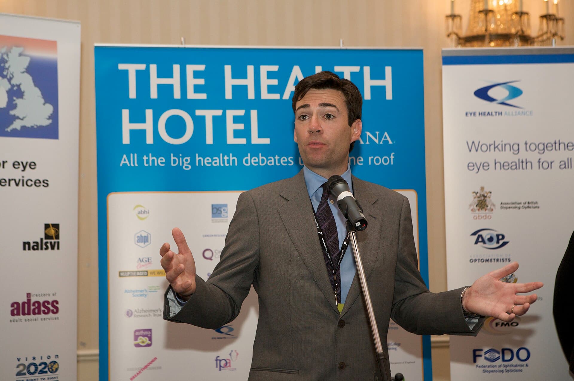 Andrew Burnham, British politician and Secretary of State for Health, speaking during the Health Hotel reception at the Hilton Metropole, Brighton, during the Labour Party Conference 2009.